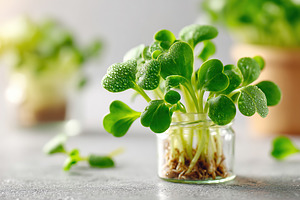 Microgreens thriving on a kitchen counter in bright sunlight during morning hou, a Food & Drink Photo by AlyaAnd