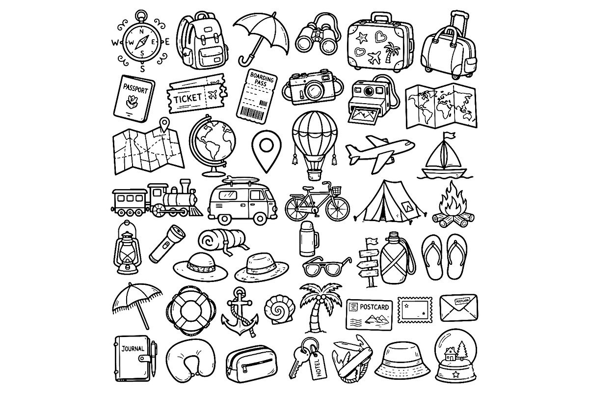 Set of travel outline doodle signs, a Transportation Illustration by Voodz_shop (Photo 1 of 3)