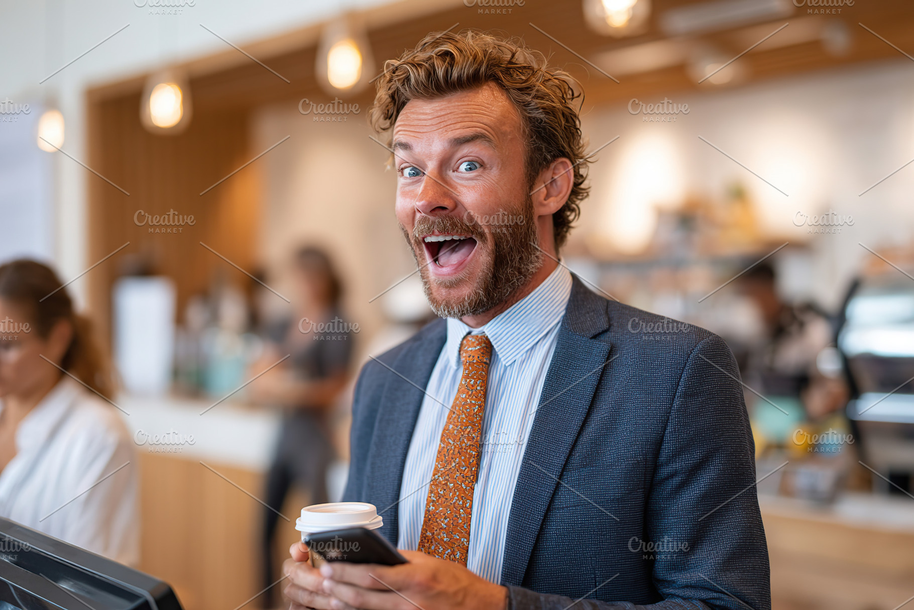 Businessman enjoying his coffee while checking his phone at a modern cafe, a Person Photo by AlyaAnd