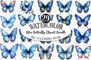Watercolor Blue Butterfly Clipart, an Illustration by Designking