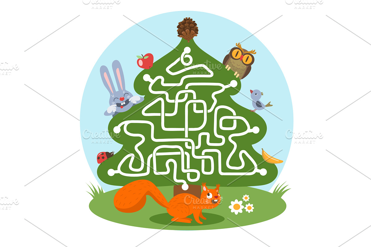 Kids maze game. Cute animals, help, an Animal Illustration by YummyBuum