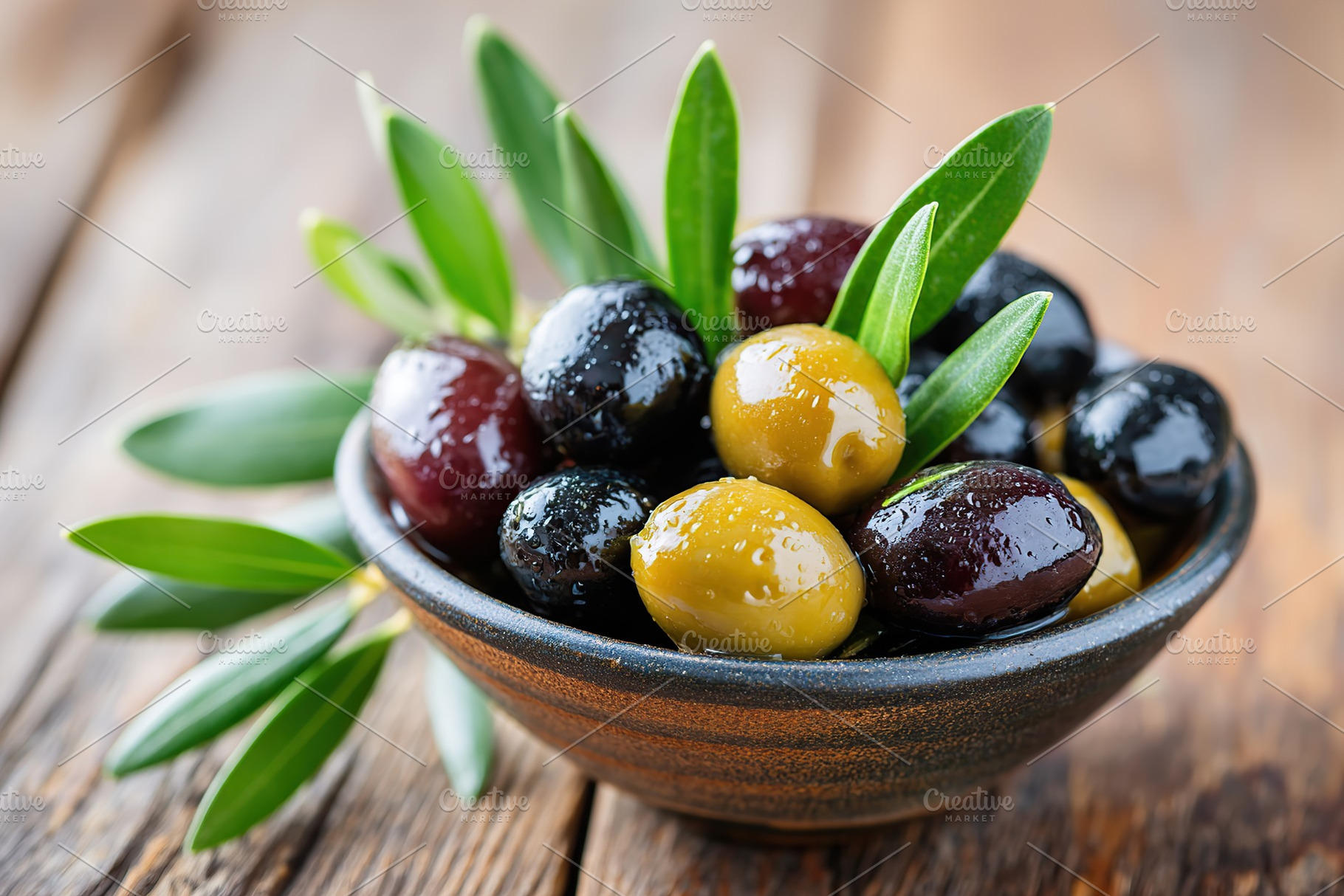 Delicious marinated green and black olives served in a rustic bowl with fresh l, a Food & Drink Photo by AlyaAnd