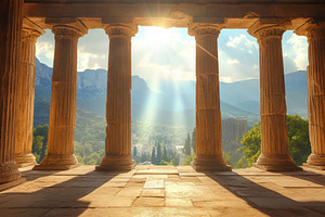 Sunlight streaming in Greek temple, a Photo by Pavel_design