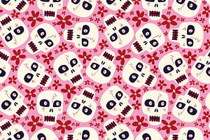 Pink Pattern With Skulls And Flowers