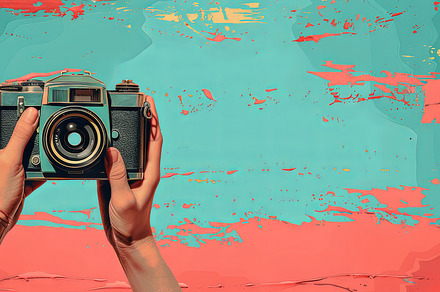 Stylish Hands Holding a Vintage Camera Against a Vibrant Turquoise and Coral Ba, a Photo by AS photostudio