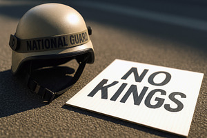 Helmet and protest sign with no king, a Photo by Dvoevnore photos