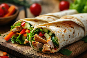 Tortilla wrap with chicken and fresh vegetables on wooden table, a Food & Drink Photo by AlyaAnd