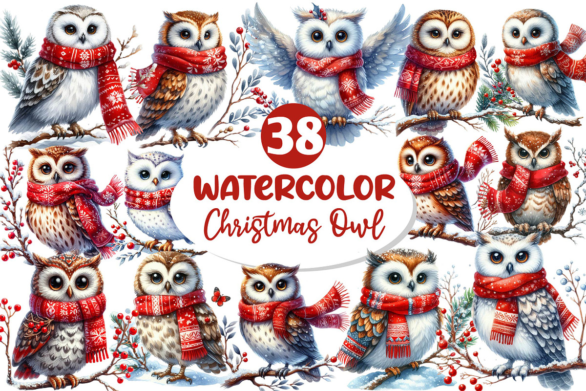 Christmas Owl Clipart PNG, an Illustration by Dream Creation (Photo 1 of 7)