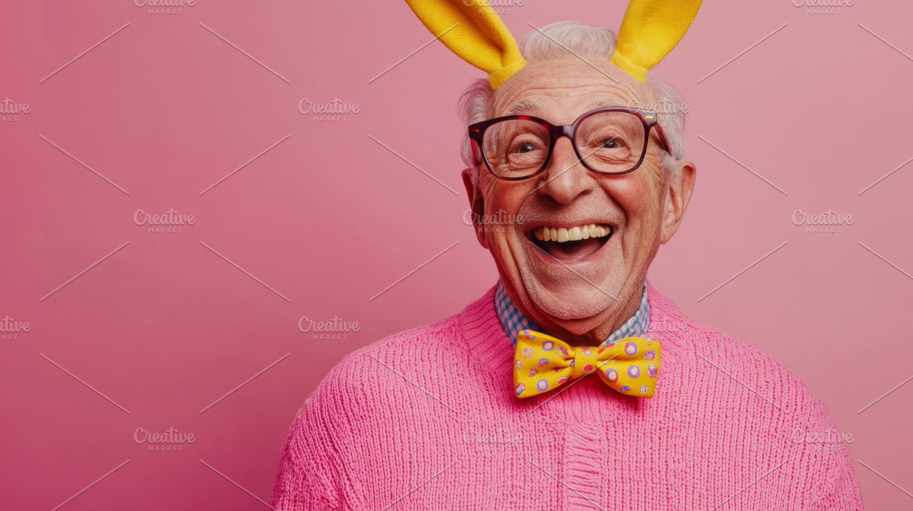 Elderly Man in Bunny Ears Laughing on Pink Background, an Abstract Photo by Natalia Klenova's Shop