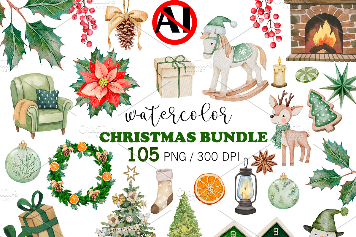 Watercolor Christmas Bundle PNG, a Seasonal Illustration by PatternPalette (Photo 1 of 15)