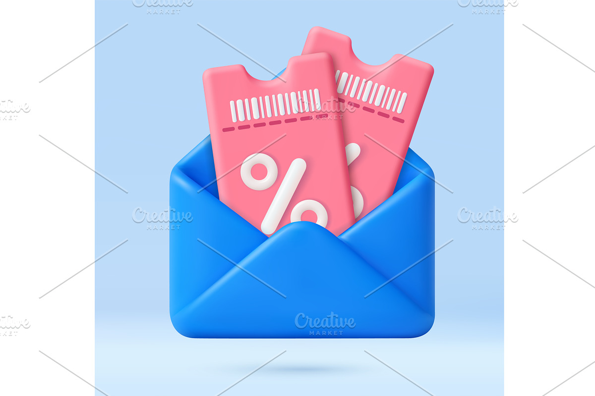 3D discount coupons in blue envelope, a Finance Illustration by ModVector