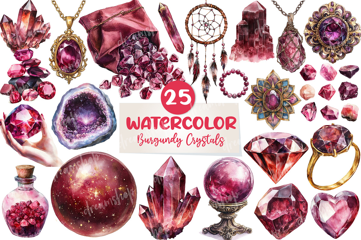 Burgundy Crystals and Gems Clipart, an Illustration by CreationArt (Photo 1 of 5)