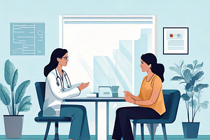 Doctor talking to a seated patient in a bright clinical office i, a Healthcare Illustration by DanFLCreativo