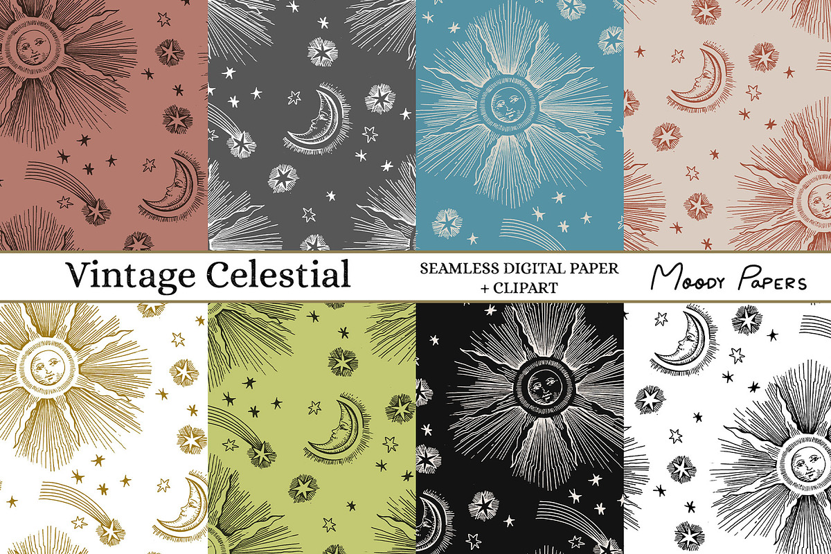 Vintage Celestial Seamless Pattern, a Pattern Graphic by MoodyPapers (Photo 2 of 2)