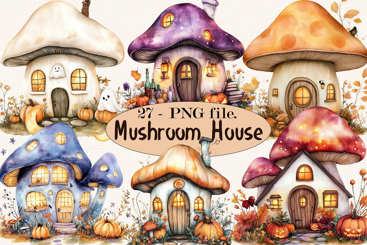 Halloween Mushroom Houses Clipart, a Seasonal Illustration by SVGArt (Photo 1 of 5)