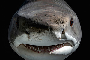 Closeup of a great white shark showing sharp deadly teeth, an Animal Photo by GoodGoods