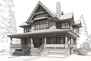 A detailed architectural sketch of a large, two-story Craftsman house featuring, an Architecture Photo by Textures & Backgrounds