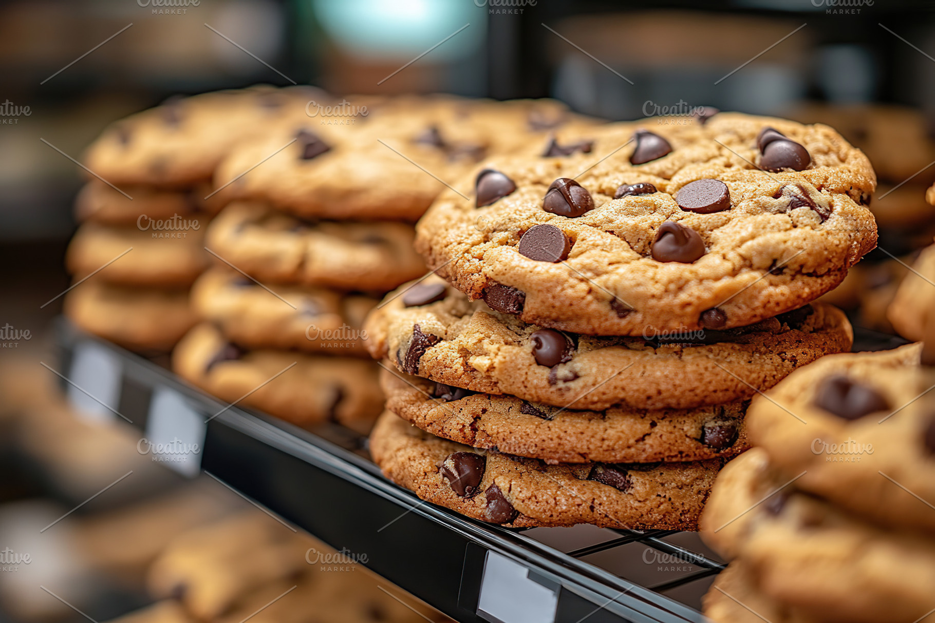 Freshly baked light brown chocolate chip cookies stacked on a di, a Food & Drink Photo by AlyaAnd