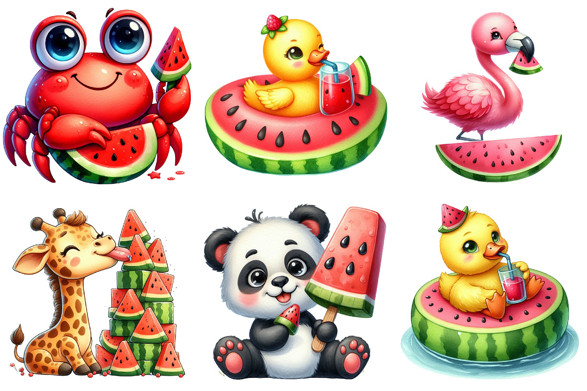 Summer Animals Enjoy Watermelon png, an Illustration by Watercolor design (Photo 2 of 4)