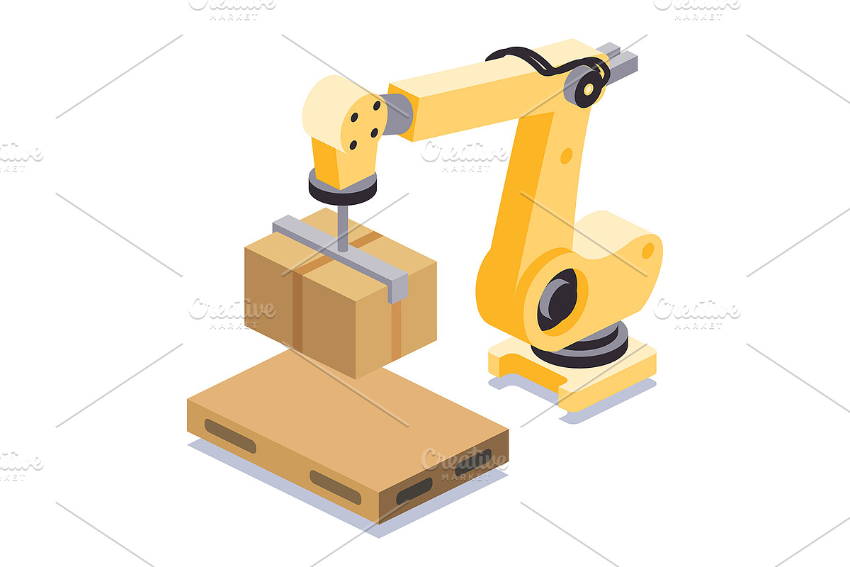 Robotic arm placing cardboard boxes., a Transportation Illustration by Booblgum
