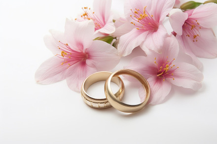 wedding rings and sakura flowers on, a Photo by Iftikhar Alam