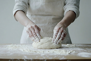 Baker's hands kneading dough on a wooden surface in a bright kitchen environmen, a Food & Drink Photo by AlyaAnd