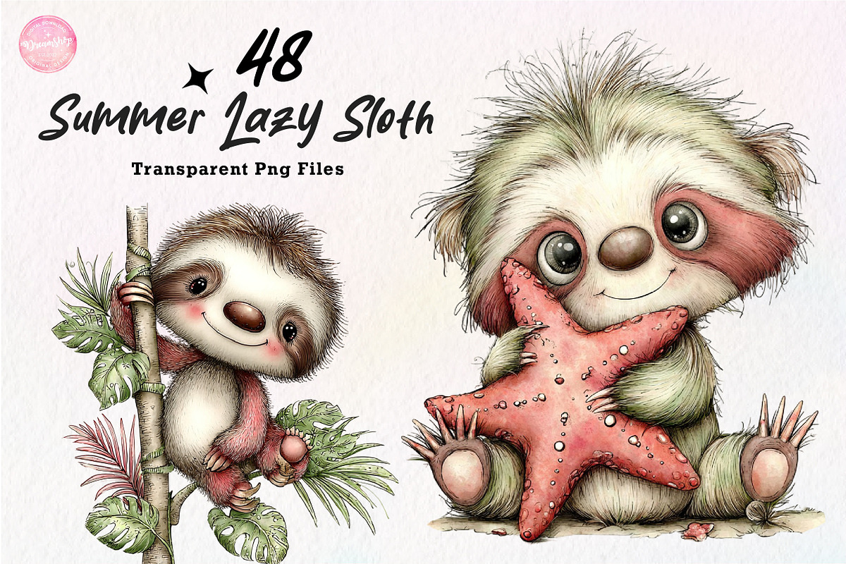 Whimsical Summer Lazy Sloth Clipart, an Illustration by CreationArt (Photo 1 of 7)