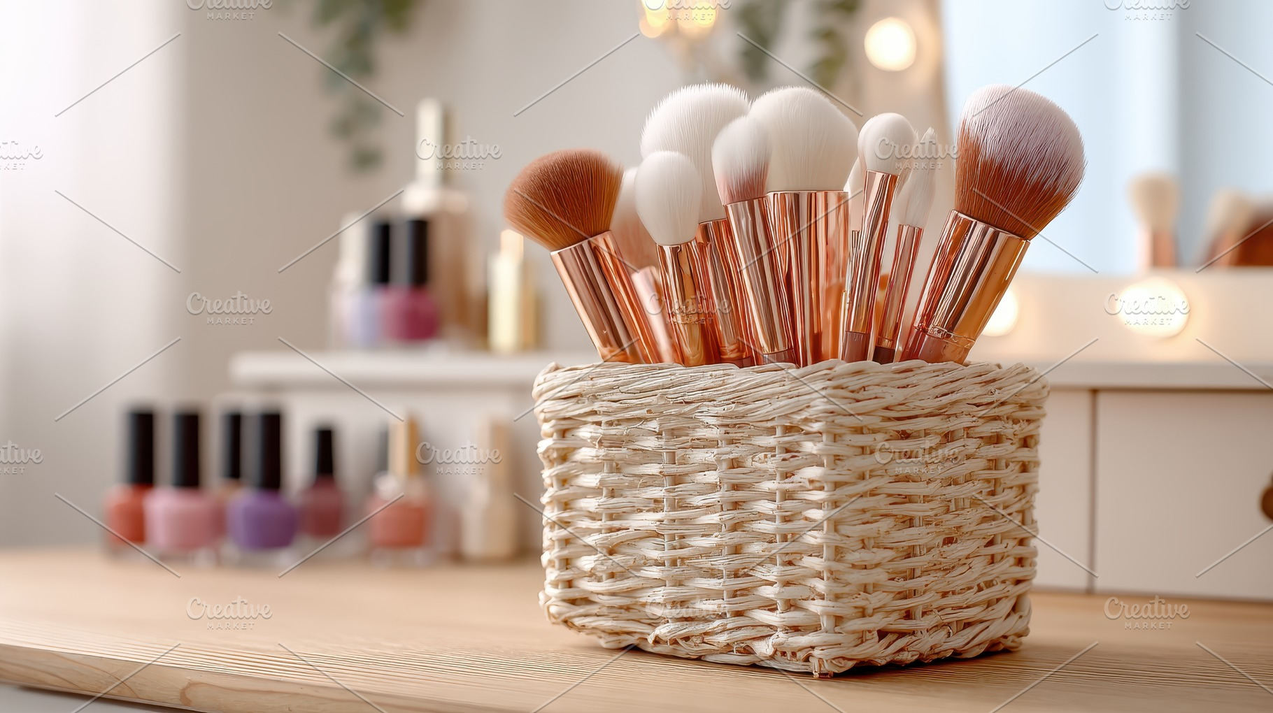 Makeup brushes in wicker basket vani, a Photo by Pixeness Studio