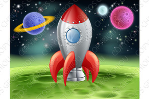 Cartoon Space Rocket On Alien Planet