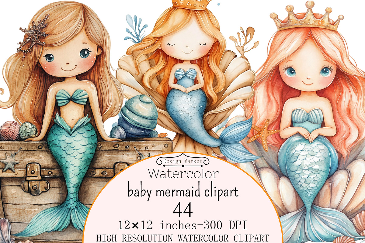Watercolor baby mermaid clipart, a Seasonal Illustration by Design Market (Photo 1 of 5)