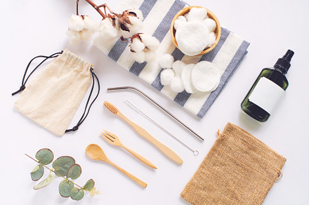 Flat lay of sustainable products stock photo containing mock up and cosmetic, a Health & Medical Photo by Nuchylee Photo