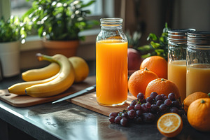 Fresh fruit and juice prepared on a, a Photo by Tanuart
