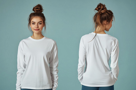 A young woman poses in a white long sleeve T-shirt mockup front and back sides,, a Shirt Mockup by Textures & Backgrounds