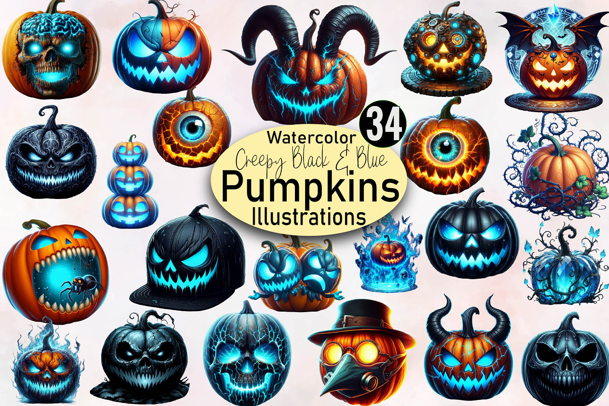 Creepy Black & Blue Halloween Pumpki, an Illustration by SVGArt (Photo 1 of 8)