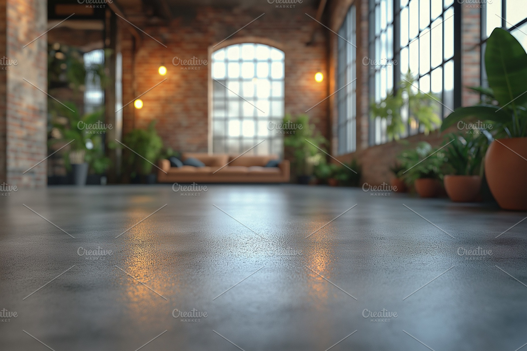 A cozy industrial-style living space with greenery and warm lighting., a Background Photo by ImageMir