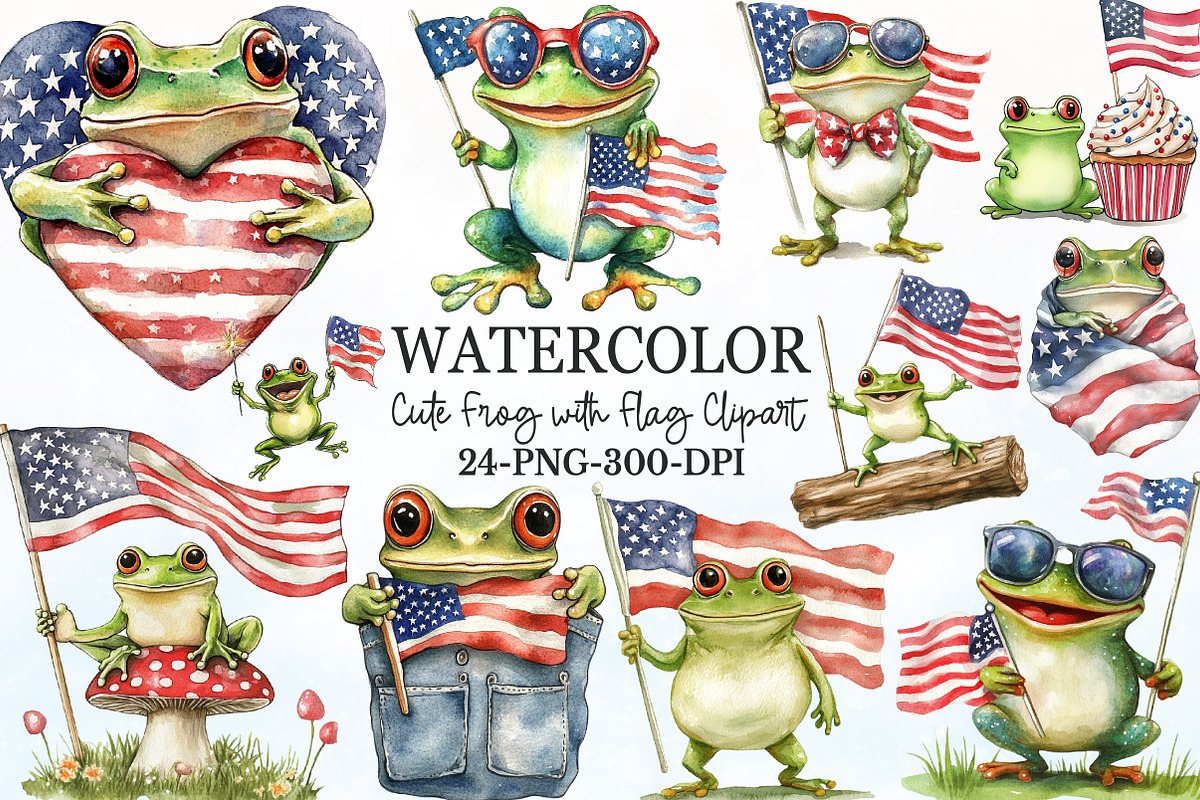 Cute Frog with Flag American Clipart, a Seasonal Illustration by Rose Art (Photo 1 of 3)