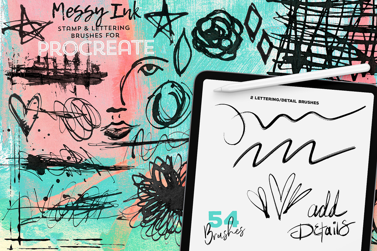 Messy Ink Brushes for Procreate, a Brush Add-On by Studio Kitsch (Photo 2 of 5)