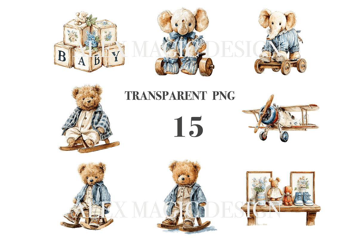 Vintage Teddy Bears Clipart Set, a Decorative Illustration by Pati Charm Studio (Photo 3 of 8)