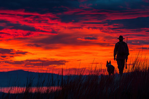 Hunter walking with dog through tall grass at sunset under drama, a Person Photo by José Manuel Gelpi