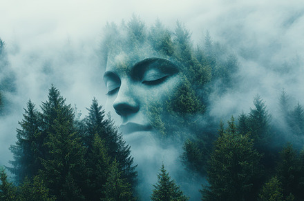 A serene face merges with a misty fo, a Background Photo by Pixeness