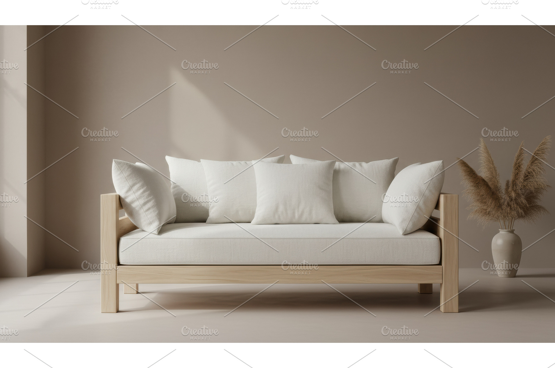 A minimalist wooden frame sofa with, a Background Photo by Igor Tichonow