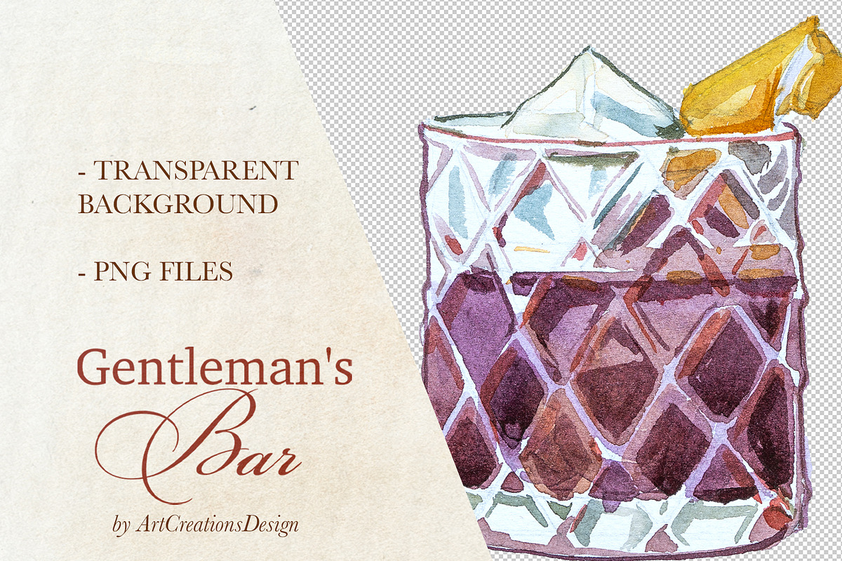 Gentleman's Bar Watercolor Clipart, a Food Illustration by ArtCreationsDesign (Photo 8 of 12)