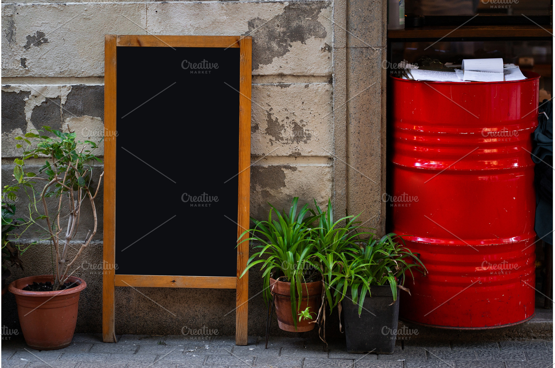 Blank menu board easel standing on a, an Architecture Photo by volodymyrshtun13795