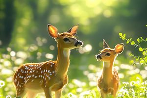 Two deer fawn standing in a green meadow, an Animal Photo by AlyaAnd