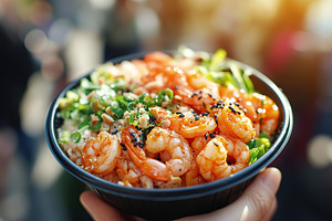 Healthy poke bowl with rice, vegetables and shrimps, a Food & Drink Photo by AlyaAnd