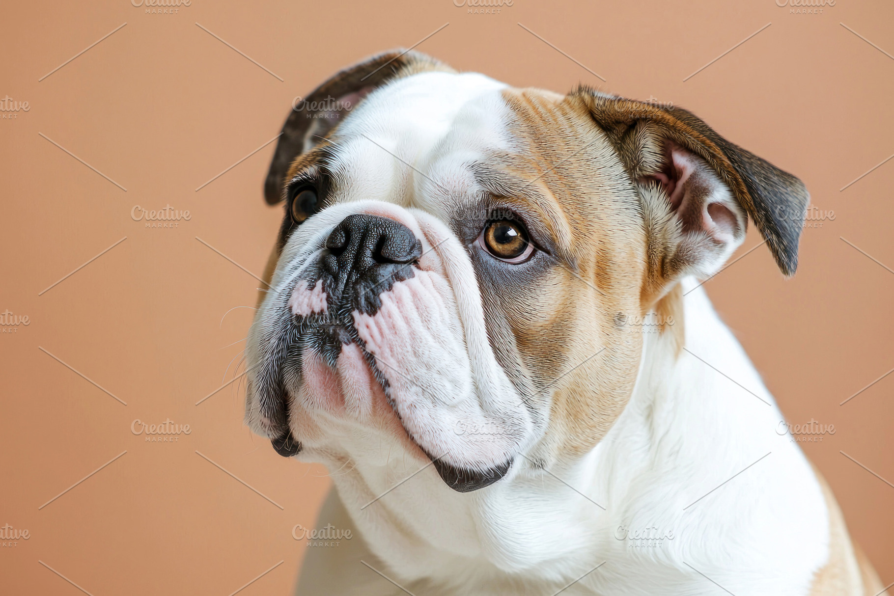 Close up side profile of a white and brown Bulldog with expressi, an Animal Photo by José Manuel Gelpi