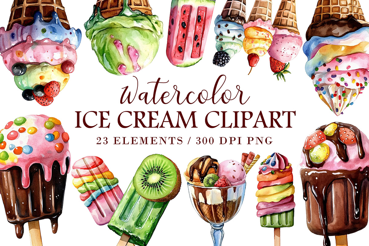 Watercolor Ice Cream Clipart, an Illustration by Libby Wishes (Photo 1 of 7)