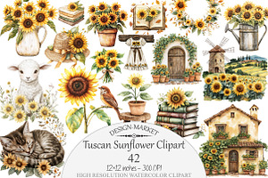 Watercolor Tuscan Sunflower Clipart, a Seasonal Illustration by Design Market