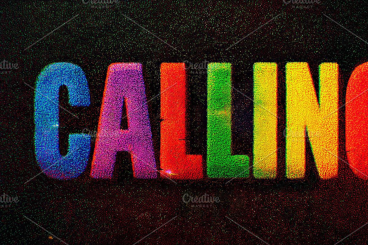 Colorful rainbow text spelling CALLING in bold grainy retro style for design an, an Illustration by AS photostudio