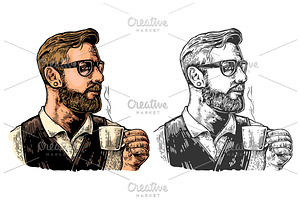 Hipster Barista With The Beard Holding A Cup Of Hot Coffee.